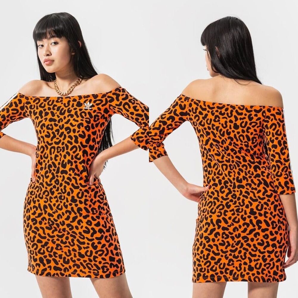Adidas Rich Mnisi Women Size S Orange Leopard Animial Print Bodycon Mini Dress
